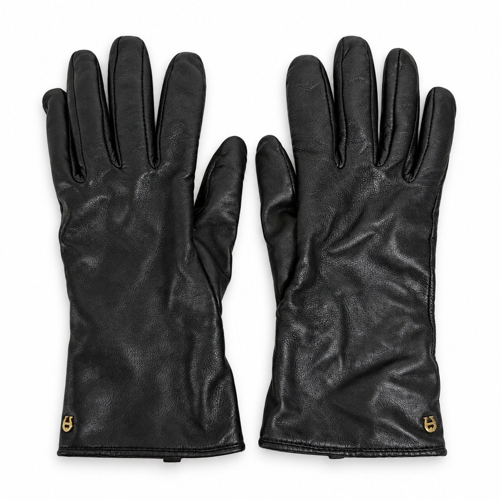 Etienne Aigner L Leather Gloves Black Cashmere Lined Gold Logo Winter Classic